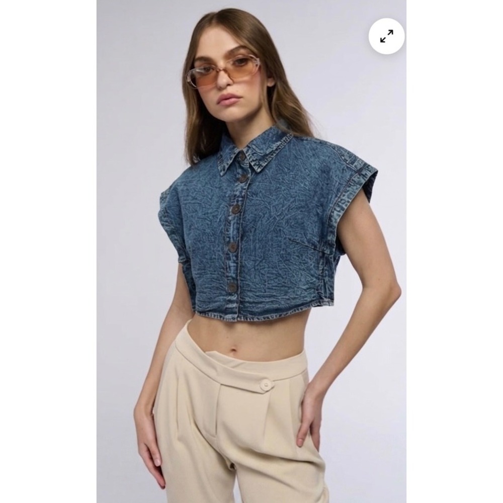 Thread‎ Story Acid Wash Denim Crop Top 100% Cotton Retro Chic 80's Punk Size M